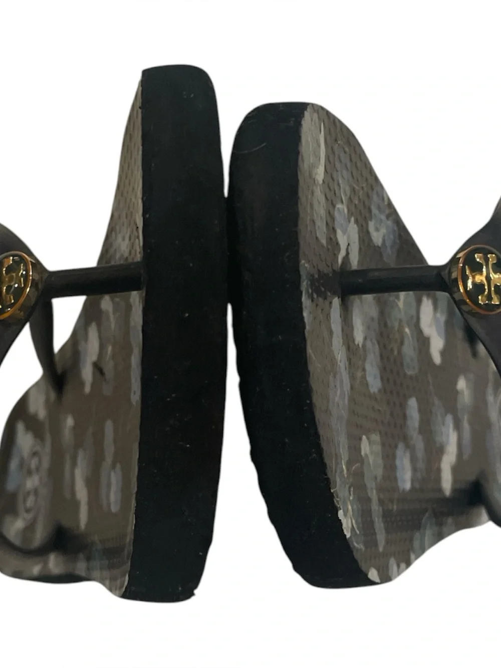 Tory Burch Thin Flip Flops Navy Blue Floral with Gold T Medallion Size 10